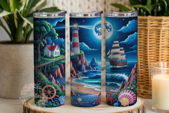 Coastal Lighthouse Moon Ship Tumbler Graphics