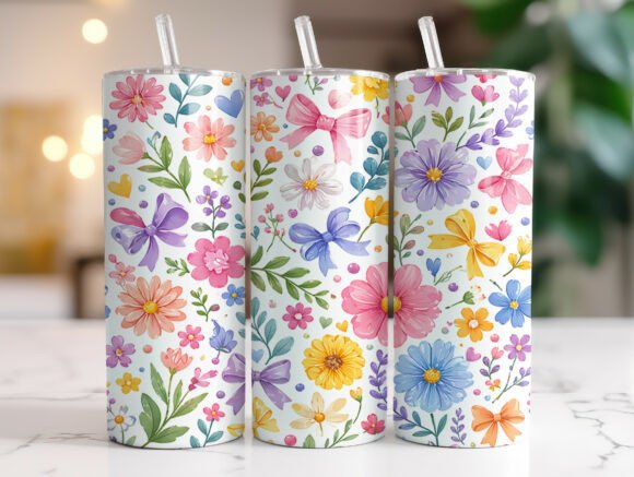 Coquette Bow Flowers Pattern Tumbler PNG Graphics Tumbler Wraps