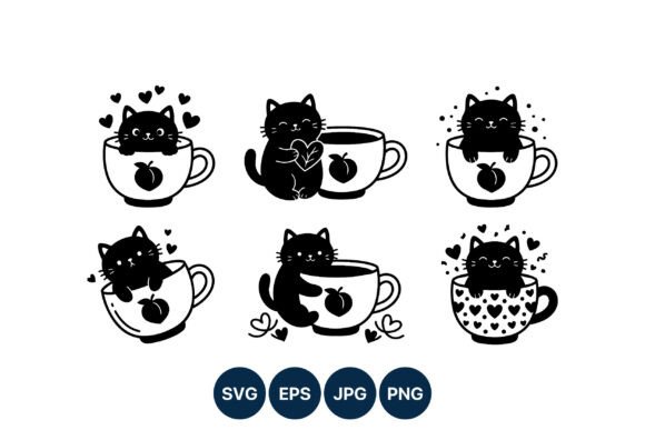 Cute Black Cat Tea Cup Vector Set