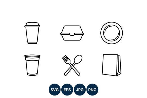 Disposable Cup and Takeout Box Line Art Graphics