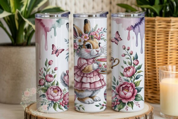 Elegant Pink Bunny Floral Tumbler Wrap Graphics