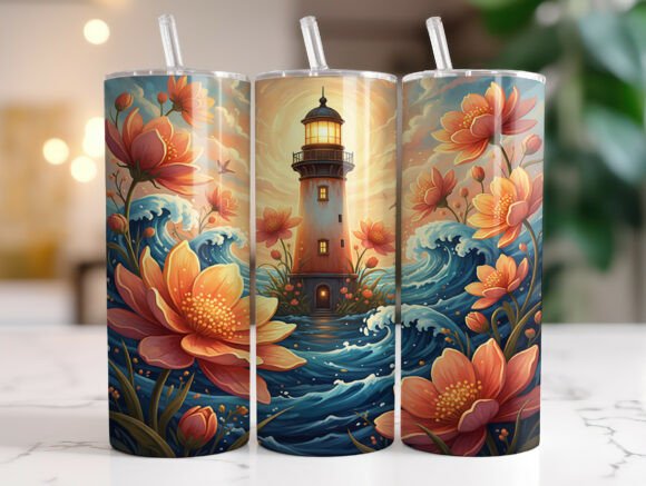 Floral Lighthouse 20oz Tumbler Wrap PNG