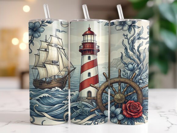 Nautical Lighthouse Ship Wheel Tumbler Graphics