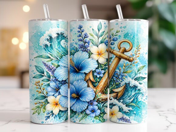 Ocean Anchor Blue Floral Tumbler Wraps Graphics