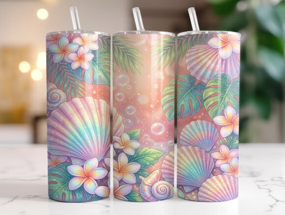 Pastel Seashell Tropical Flowers Tumbler Graphics
