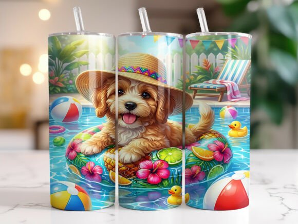 Summer Puppy Pool Float 20oz Tumbler PNG Graphics