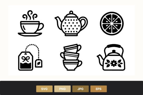Tea Cup, Teapot & Lemon Slice Icons: Graphics & Illustrations