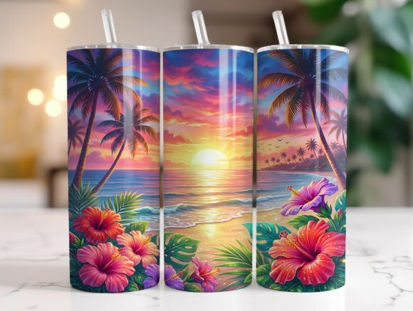 Tropical Beach Sunset 20 Oz Tumbler Wrap Graphics